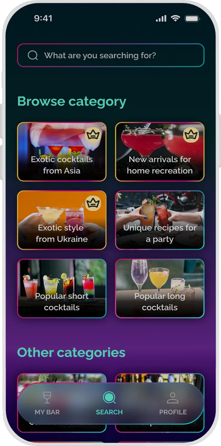 cocktails application screen