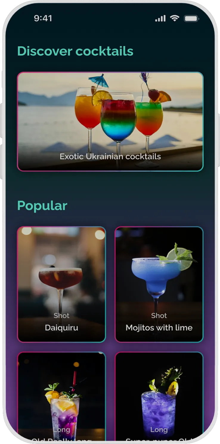 cocktails application screen